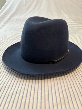 Janessa Leone Blue Felt Fedora with Black Trim